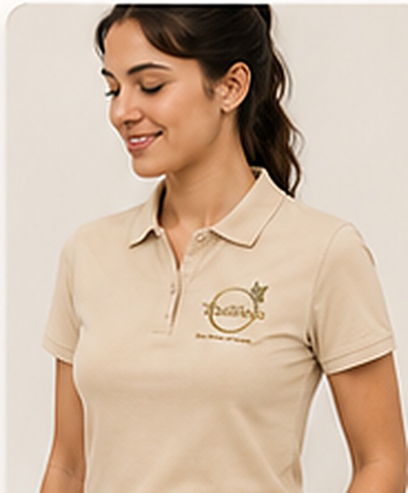 Mulher vestindo polo bege personalizada na frente